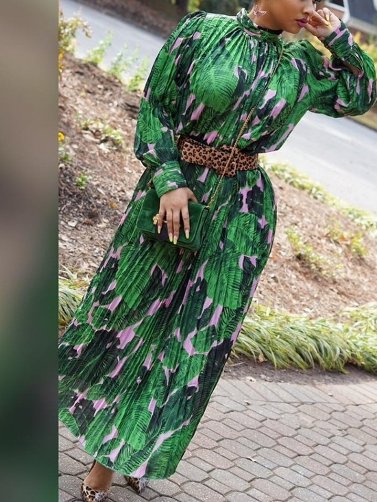 Beulah Dresses & Skirts - Beulah Tropical Green & Pink Leaf Print Pleated Maxi Dress